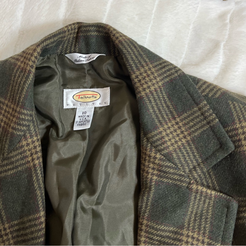 Y2k Talbots 10p Italian Wool Blend Green Tan Plaid Button Blazer Suit Jack Plaid